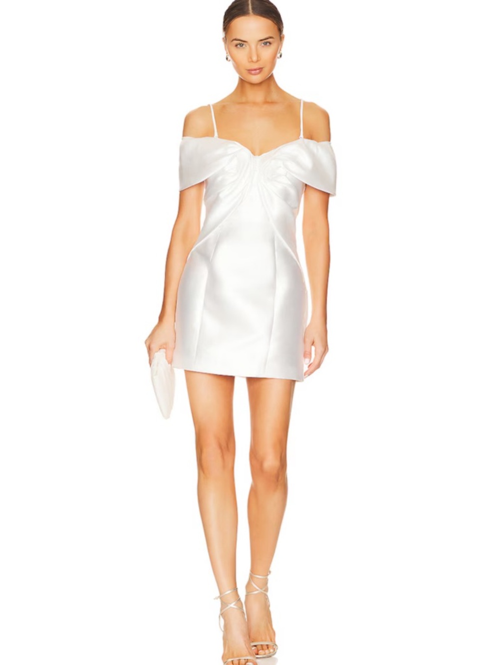 Off-Shoulder White Satin Mini Dress - Picture 8 of 16